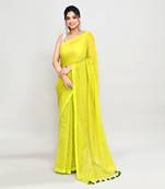 Woven's lime mulmul cotton saree with tassels without blouse