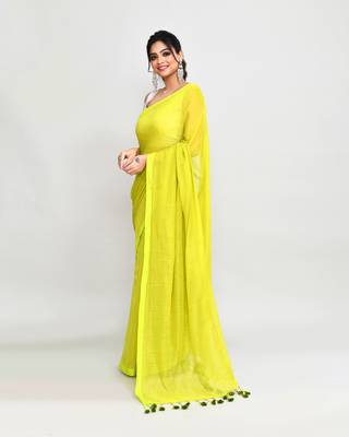 Woven's lime mulmul cotton saree with tassels without blouse 2