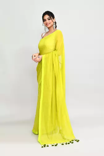 Woven's lime mulmul cotton saree with tassels without blouse