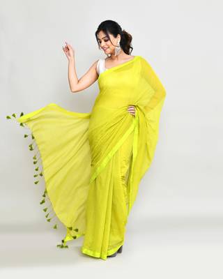 Woven's lime mulmul cotton saree with tassels without blouse 3