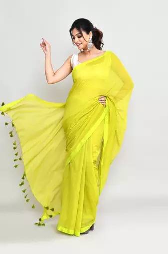 Woven's lime mulmul cotton saree with tassels without blouse
