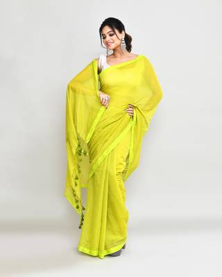Woven's lime mulmul cotton saree with tassels without blouse 4