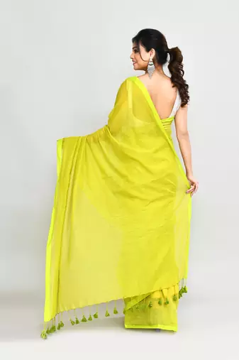 Woven's lime mulmul cotton saree with tassels without blouse