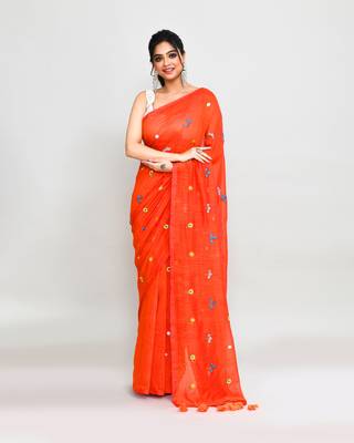 Women's orange red dual tone exclusive embroidery saree with tassels without blouse 1