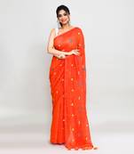Women's orange red dual tone exclusive embroidery saree with tassels without blouse
