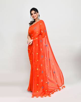 Women's orange red dual tone exclusive embroidery saree with tassels without blouse 2