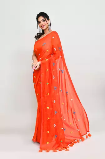 Women's orange red dual tone exclusive embroidery saree with tassels without blouse
