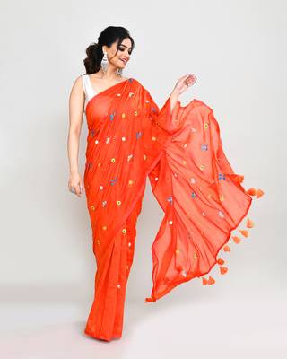 Women's orange red dual tone exclusive embroidery saree with tassels without blouse 3
