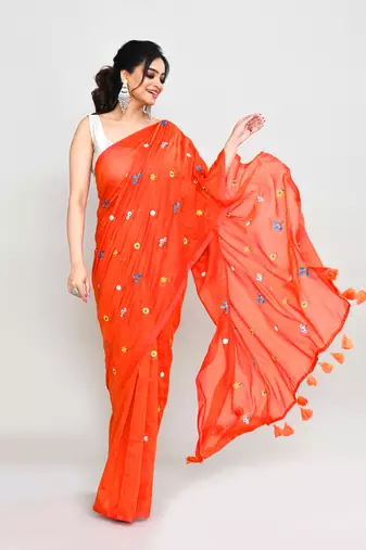 Women's orange red dual tone exclusive embroidery saree with tassels without blouse