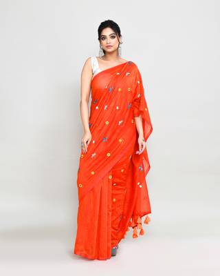 Women's orange red dual tone exclusive embroidery saree with tassels without blouse 4