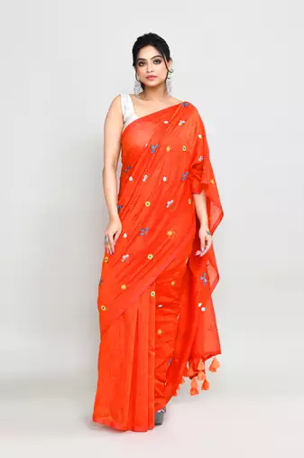 Women's orange red dual tone exclusive embroidery saree with tassels without blouse