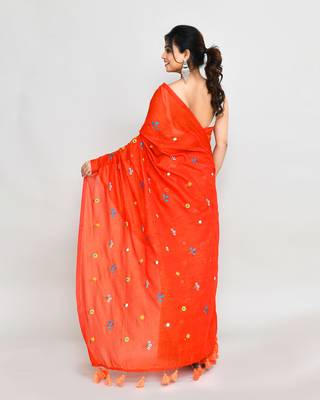 Women's orange red dual tone exclusive embroidery saree with tassels without blouse 5