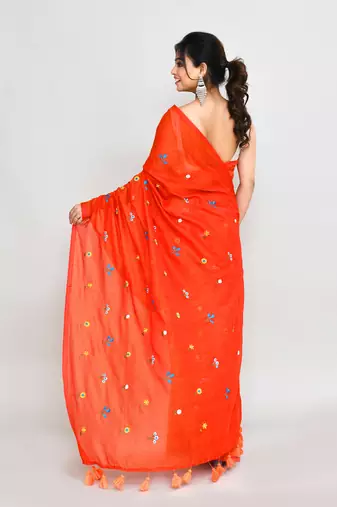 Women's orange red dual tone exclusive embroidery saree with tassels without blouse