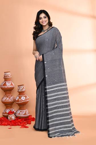 grey hand work cotton saree with blouse piece