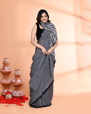grey hand work cotton saree with blouse piece 4