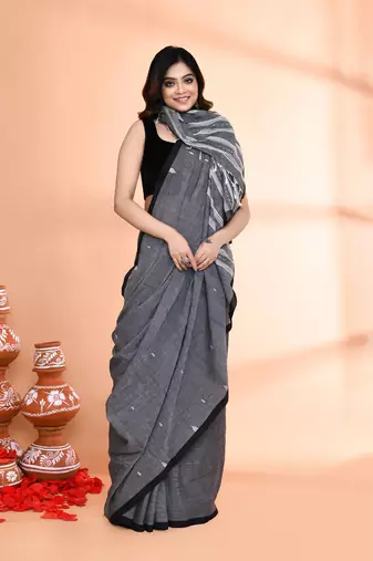 grey hand work cotton saree with blouse piece