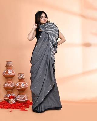 grey hand work cotton saree with blouse piece 5