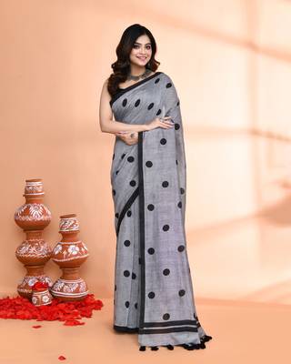 Handspun printed cotton silver grey handloom saree with blouse 1