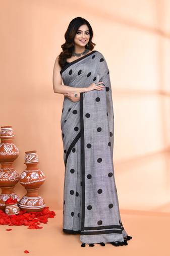 Handspun printed cotton silver grey handloom saree with blouse