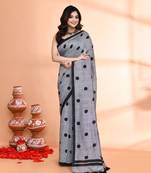 Handspun printed cotton silver grey handloom saree with blouse