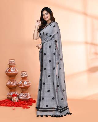 Handspun printed cotton silver grey handloom saree with blouse 2