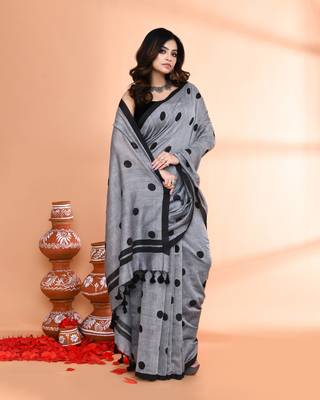 Handspun printed cotton silver grey handloom saree with blouse 3