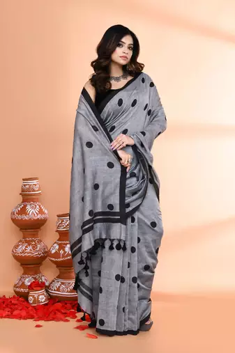 Handspun printed cotton silver grey handloom saree with blouse
