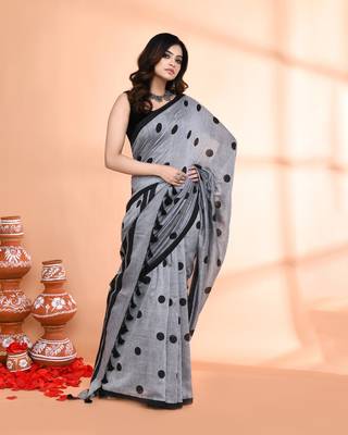 Handspun printed cotton silver grey handloom saree with blouse 4