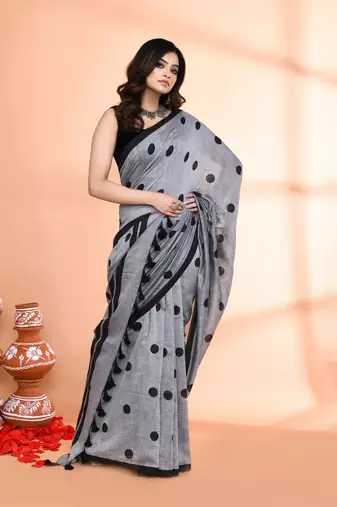 Handspun printed cotton silver grey handloom saree with blouse