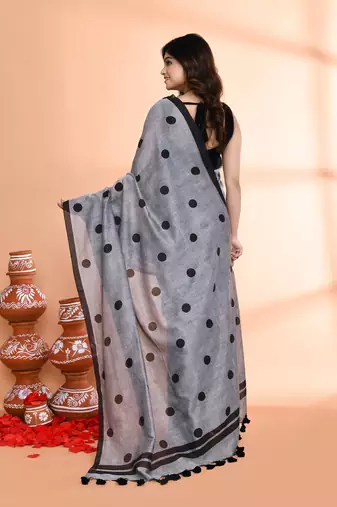 Handspun printed cotton silver grey handloom saree with blouse
