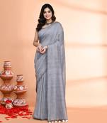 Handspun cotton silver grey handloom saree with blouse