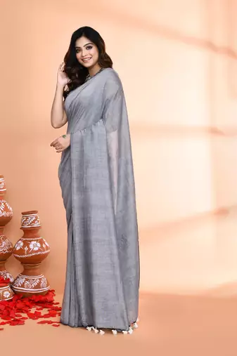 Handspun cotton silver grey handloom saree with blouse