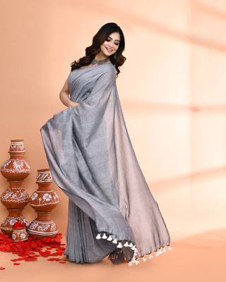 Handspun cotton silver grey handloom saree with blouse 3