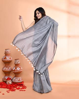 Handspun cotton silver grey handloom saree with blouse 4