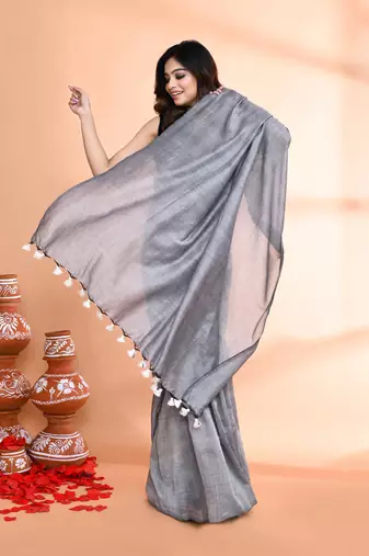 Handspun cotton silver grey handloom saree with blouse