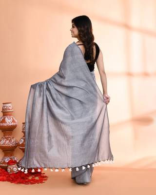 Handspun cotton silver grey handloom saree with blouse 5