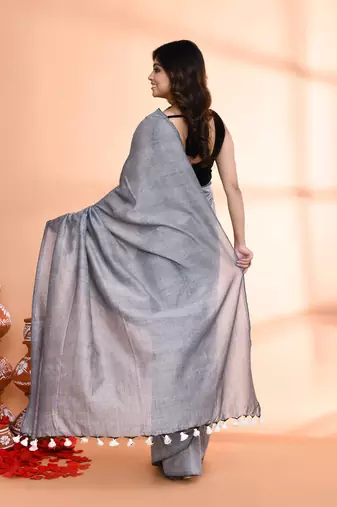 Handspun cotton silver grey handloom saree with blouse