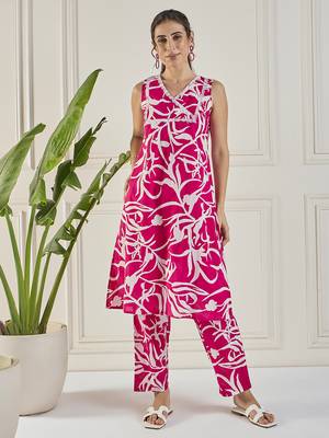 women pink cotton printed lac yoke co-ord set 1