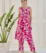 women pink cotton printed lac yoke co-ord set