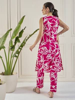 women pink cotton printed lac yoke co-ord set 3