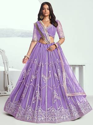 lavender thread work net lehenga set choli with dupatta 1
