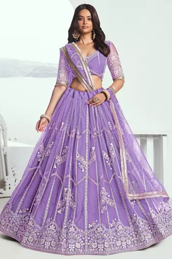 Lavender Thread Work Net Engagement Wear Lehenga Choli