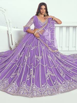 lavender thread work net lehenga set choli with dupatta 2