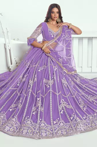 lavender thread work net lehenga set choli with dupatta
