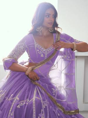 lavender thread work net lehenga set choli with dupatta 3