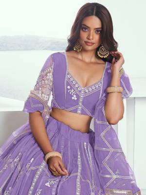 lavender thread work net lehenga set choli with dupatta 4