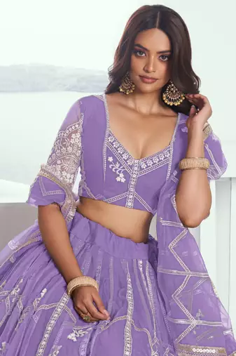 lavender thread work net lehenga set choli with dupatta