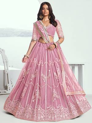 pink thread embroidered work net wedding lehenga set choli with dupatta 1