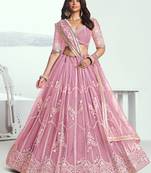 Pink Thread Embroidered Work Net Wedding Lehenga Choli