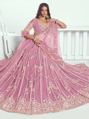 pink thread embroidered work net wedding lehenga set choli with dupatta 2